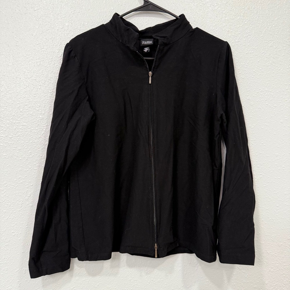 Eileen Fisher Black Mandarin Collar Zip Front Jacket Top‎ Women's Medium